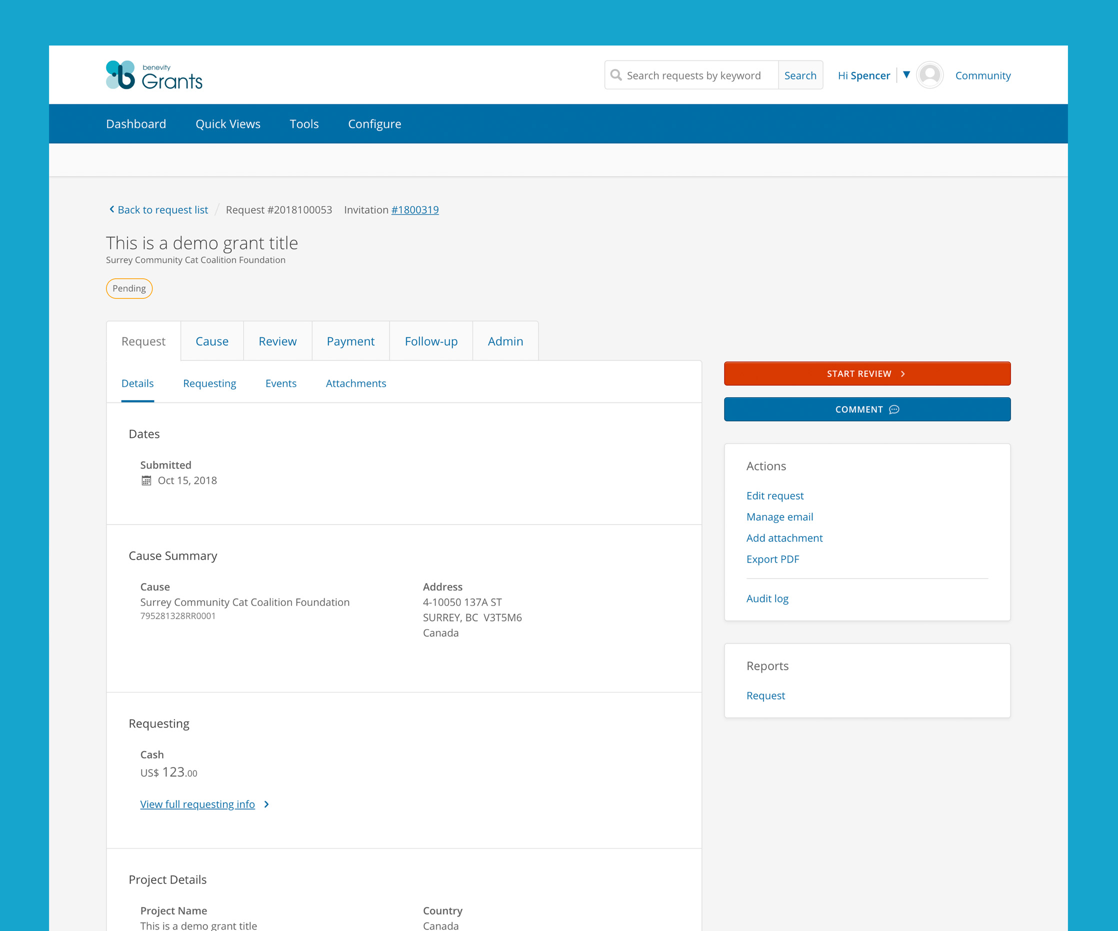 Grant management interface showing request details for Surrey Community Cat Coalition Foundation with review panel on right