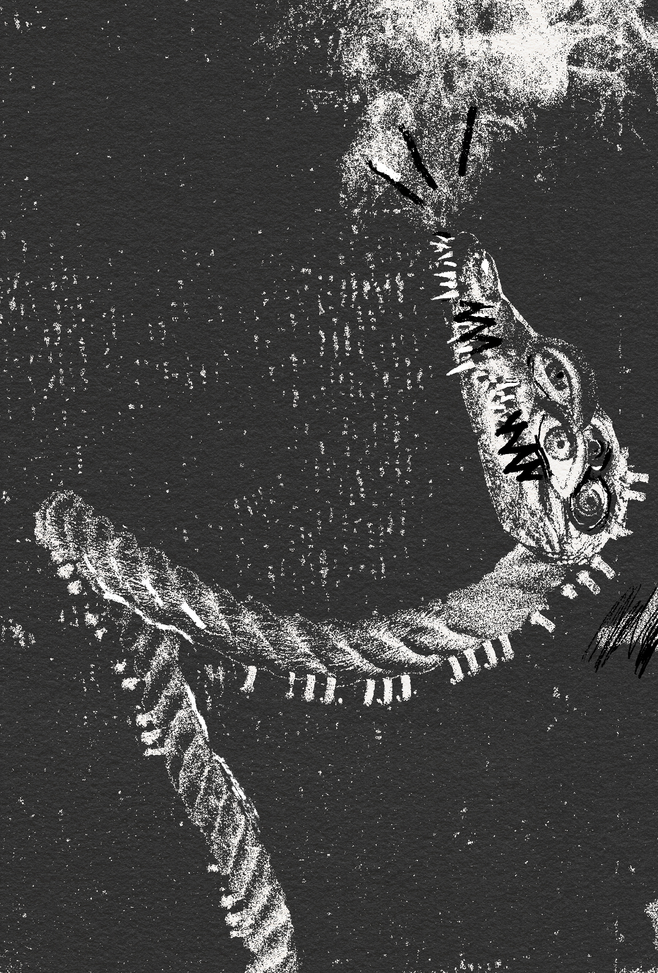 High contrast black and white print showing skeletal remains of a large prehistoric marine reptile with elongated skull and ribcage