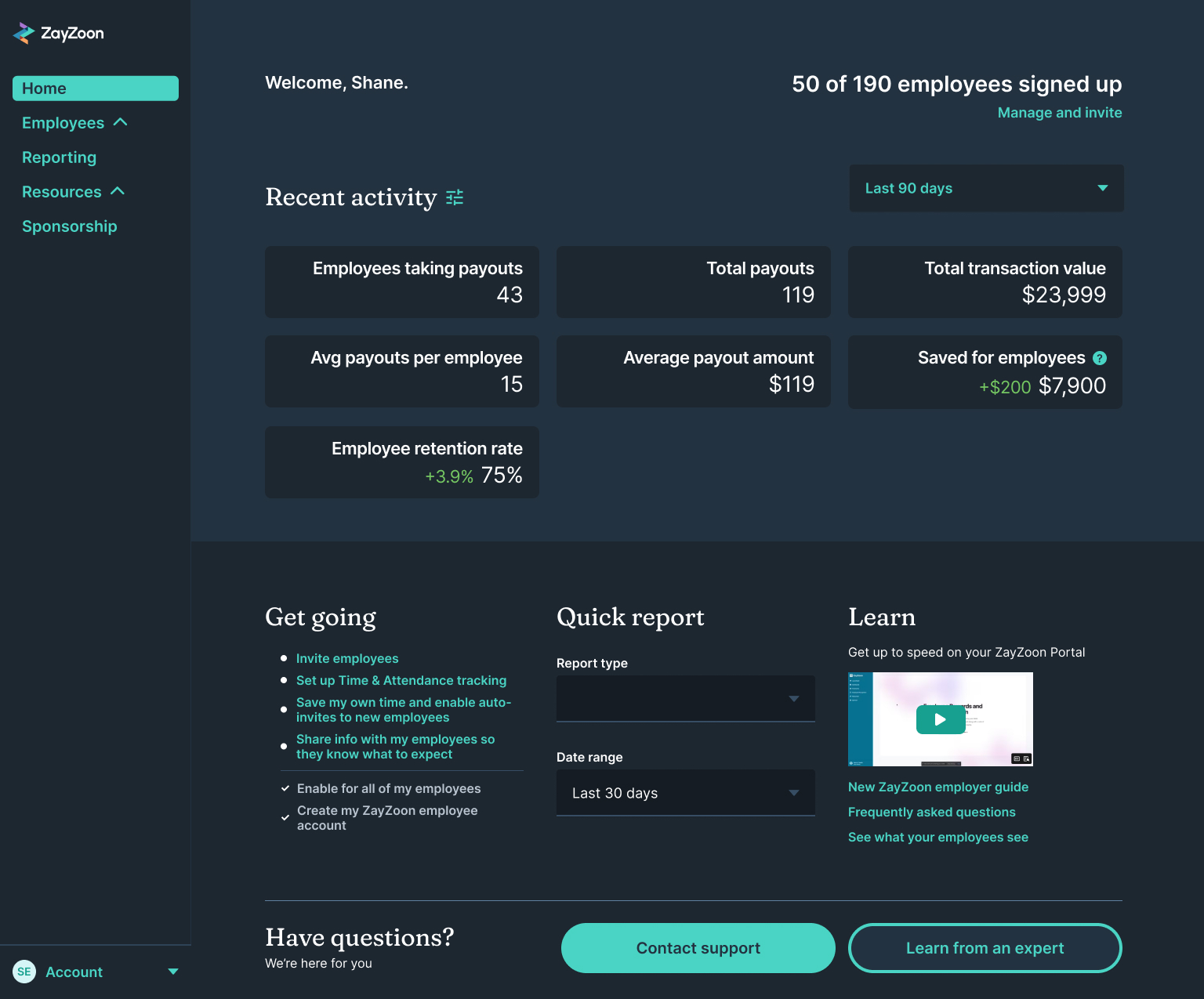 ZayZoon employer dashboard showing employee payout statistics and setup options