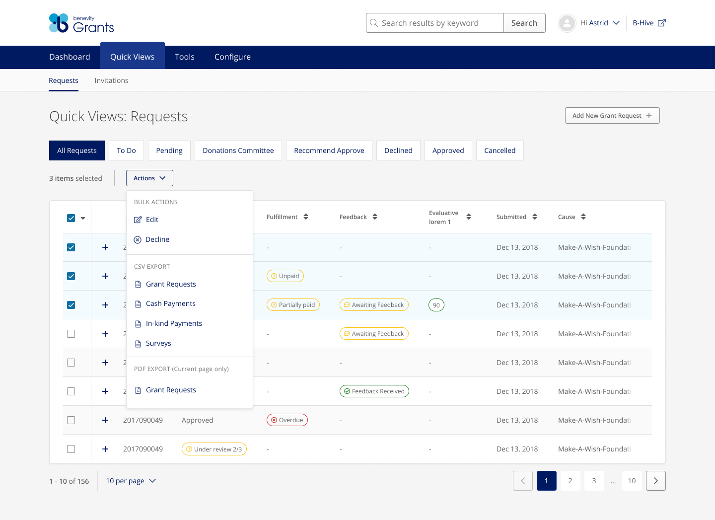 Grant management dashboard showing bulk actions dropdown menu with edit, decline, and export options