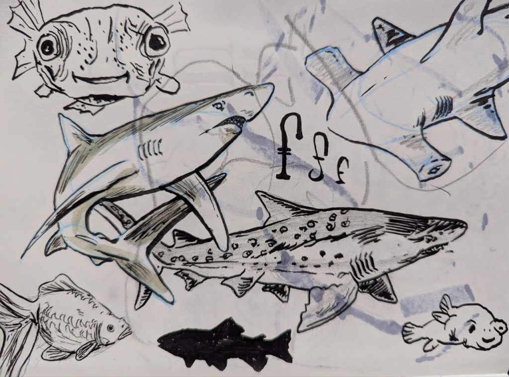 Hand-drawn sketch of various marine animals including sharks, pufferfish, and other sea creatures in black ink with blue watercolor washes