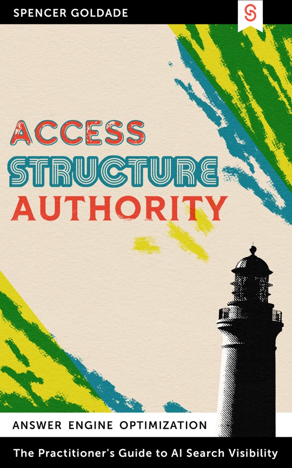 Cover for the Answer Engine Optimization ebook by Spencer Goldade, shows a stylized lighthouse.